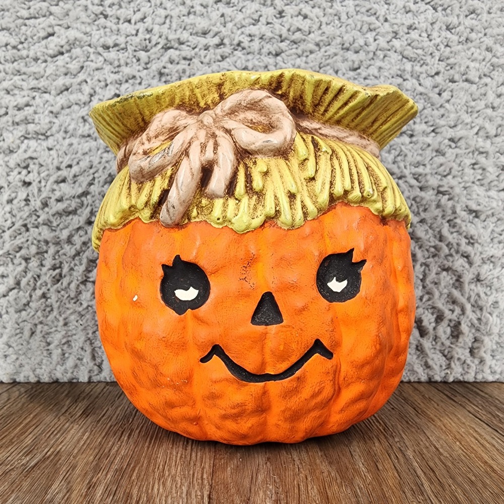 Vintage 1979 Relpo‎ Ceramic Pumpkin Scarecrow Planter Pot Halloween Decor